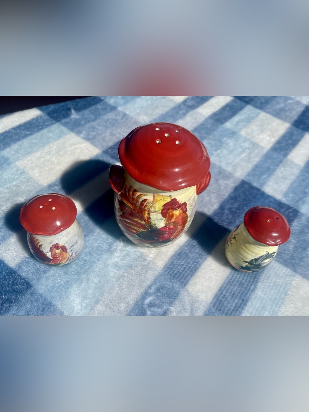 Certified International "Le Rooster" ceramic set designed by artist Susan Winget